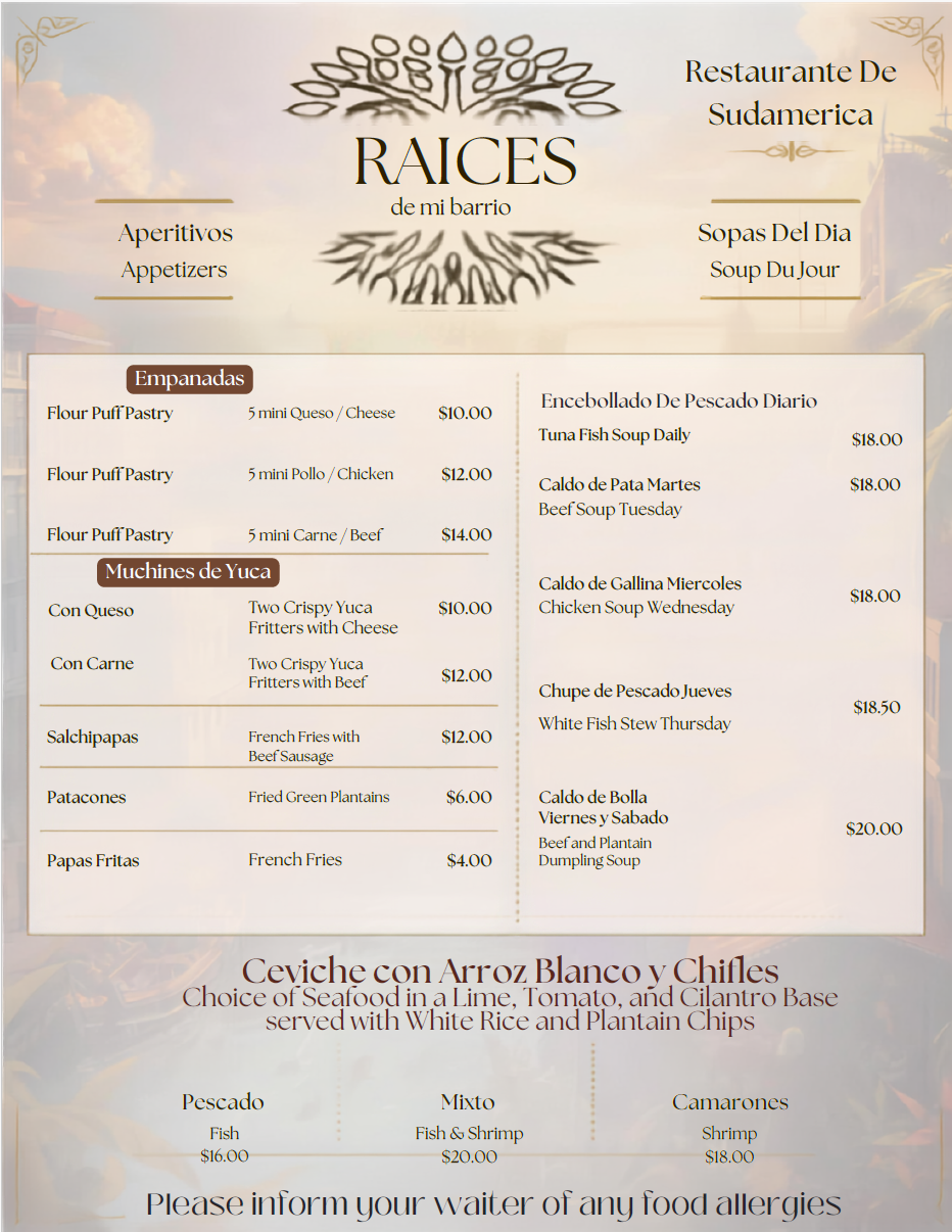 Raices Barrio Menu