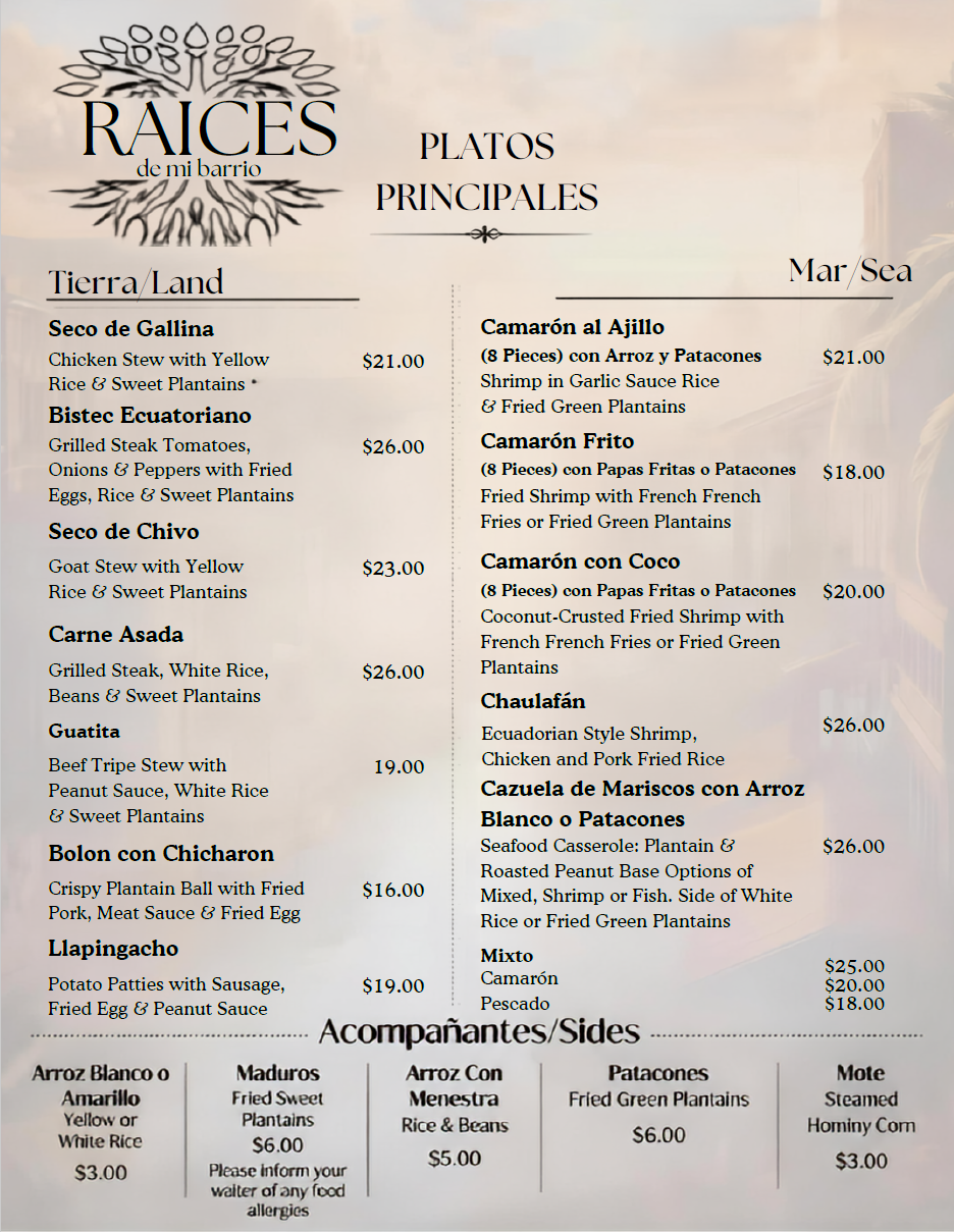 Raices Barrio Menu